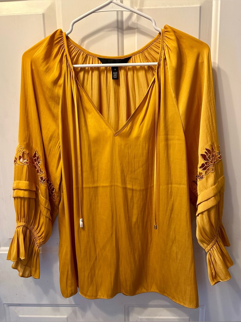 White House Black Market Mustard Yellow Embroidered Sleeve Blouse NWT S